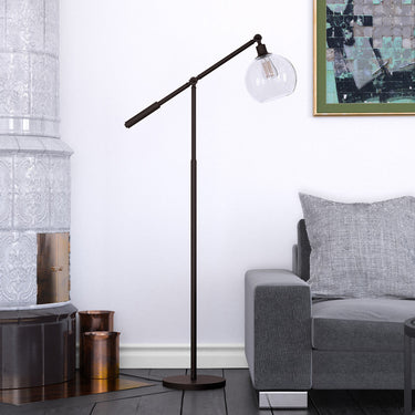Black Reading Floor Lamp With Clear Seeded Glass Globe Shade